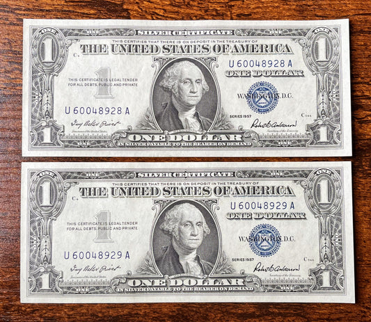 1957 Silver Certificate 1 Dollar Note Consecutive Pair - Uncirculated (UNC) Grade - 1957 Blue Seal Note Sequential Set - Fr#1619
