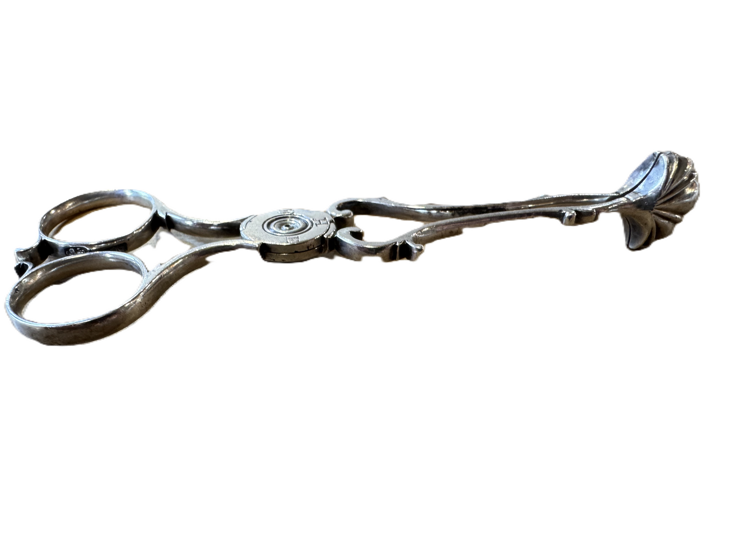 Georgian Sterling Silver Scallop Head Tongs - Stamped and Tested Sterling Silver - Lion Passant Stamped - 4.52 Inches
