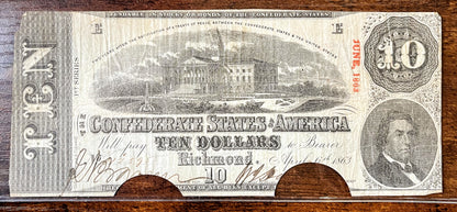 1863 Confederate States of America 10 Dollar Note - XF, Cancelled Holes - 1863 Confederacy Ten Dollars Obsolete Note - T-59 / CS-59