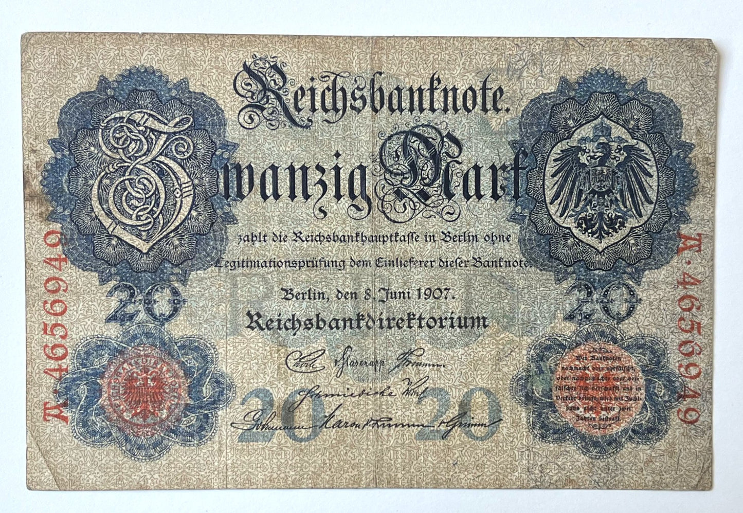1907 Germany Reichsbanknote 20 Mark Banknote - Rarer Early Issue - Very Fine (VF) - 1907 Twenty Marks German Empire Note - P#28