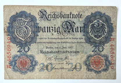 1907 Germany Reichsbanknote 20 Mark Banknote - Rarer Early Issue - Very Fine (VF) - 1907 Twenty Marks German Empire Note - P#28