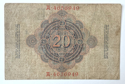 1907 Germany Reichsbanknote 20 Mark Banknote - Rarer Early Issue - Very Fine (VF) - 1907 Twenty Marks German Empire Note - P#28