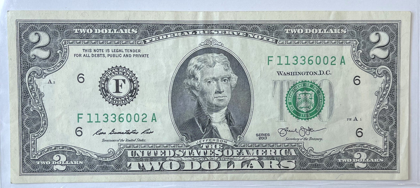 2013 Fancy Triple Duo Serial Number 2 Dollar Note - 11336002 - 2013 Federal Reserve Two Dollar Cool Serial Note - Fr. 1940-F