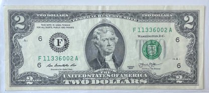 2013 Fancy Triple Duo Serial Number 2 Dollar Note - 11336002 - 2013 Federal Reserve Two Dollar Cool Serial Note - Fr. 1940-F