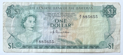 1974 Bahamas Central Bank 1 Dollar Note - Donaldson Signature Type - Queen Elizabeth II - 1974 British Bahamas One Dollar Note - P#35a