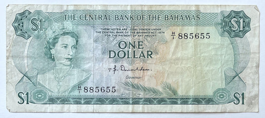 1974 Bahamas Central Bank 1 Dollar Note - Donaldson Signature Type - Queen Elizabeth II - 1974 British Bahamas One Dollar Note - P#35a