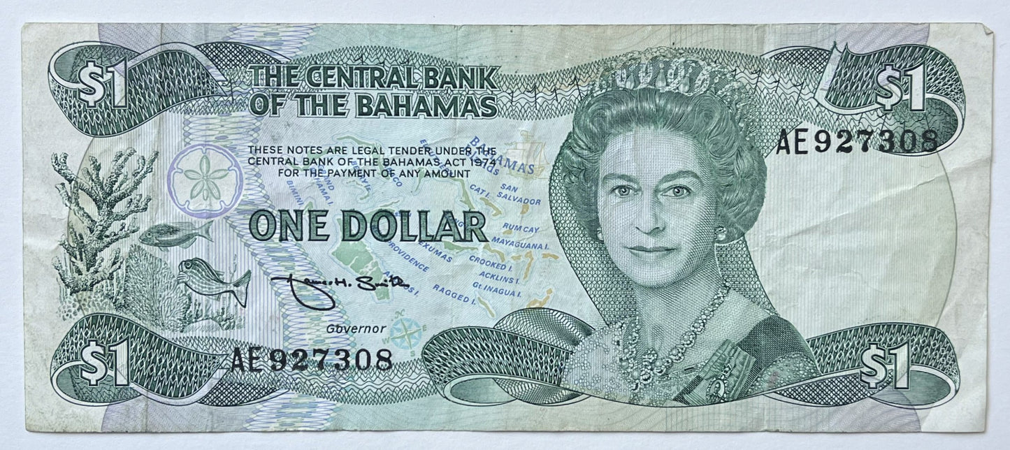 1984 Bahamas Central Bank 1 Dollar Note - Smith Signature (#2)- Queen Elizabeth II Type - 1984 British Bahamas One Dollar Note - P#43b