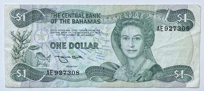 1984 Bahamas Central Bank 1 Dollar Note - Smith Signature (#2)- Queen Elizabeth II Type - 1984 British Bahamas One Dollar Note - P#43b