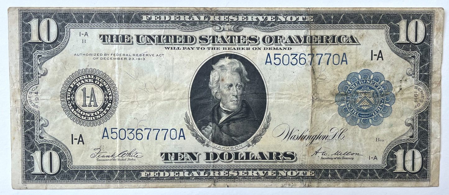 1914 Large Size 10 Dollar Federal Reserve Note - Lucky 777 Serial Number! - Boston 1914 Ten Dollar Fancy Serial Horseblanket Note - Fr#907a