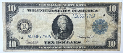 1914 Large Size 10 Dollar Federal Reserve Note - Lucky 777 Serial Number! - Boston 1914 Ten Dollar Fancy Serial Horseblanket Note - Fr#907a