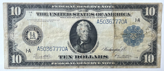 1914 Large Size 10 Dollar Federal Reserve Note - Lucky 777 Serial Number! - Boston 1914 Ten Dollar Fancy Serial Horseblanket Note - Fr#907a