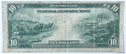 1914 Large Size 10 Dollar Federal Reserve Note - Lucky 777 Serial Number! - Boston 1914 Ten Dollar Fancy Serial Horseblanket Note - Fr#907a