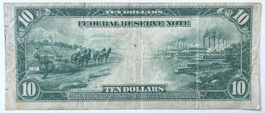 1914 Large Size 10 Dollar Federal Reserve Note - Lucky 777 Serial Number! - Boston 1914 Ten Dollar Fancy Serial Horseblanket Note - Fr#907a