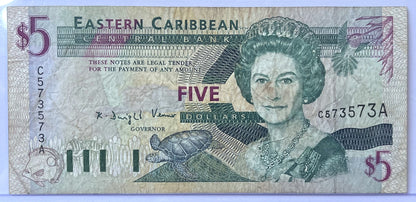 1994 (N.D.) East Caribbean Central Bank 5 Dollar Note - No Underlay, Antiqua Issue - 1994 British Caribbean Five Dollars Note - P#31a