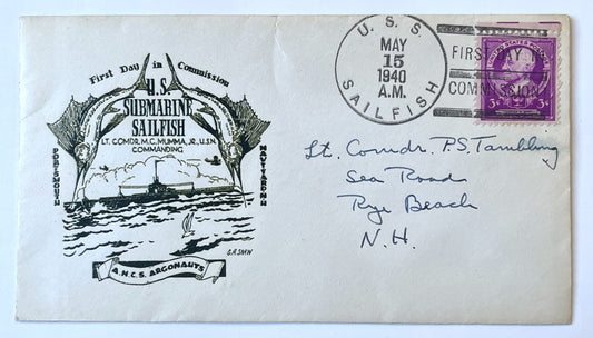 1940 U.S.S Sailfish First Day in Commission Naval Cover - Raised Cachet by G. A. Shaw - World War 2 US Submarine Sailfish Commission Cover