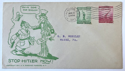 1943 A. M. Roberts "Stop Hitler Now!" Cartoon Patriotic WW2 Cover - Uncle Sam Cachet - WW2 US Patriotism Anti-Axis Cartoon Postal Cover