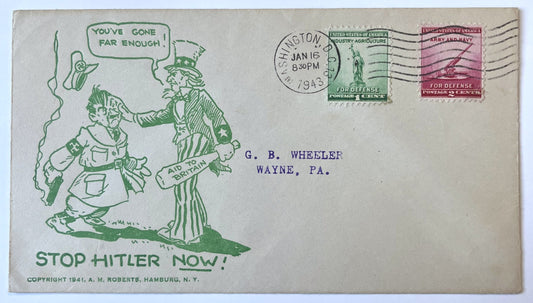 1943 A. M. Roberts "Stop Hitler Now!" Cartoon Patriotic WW2 Cover - Uncle Sam Cachet - WW2 US Patriotism Anti-Axis Cartoon Postal Cover