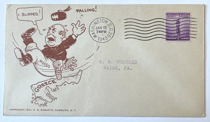 1943 A. M. Roberts Mussolini Slipping Over Greece Cartoon Patriotic Cover - "I Slipped!" - WW2 Roberts Cartoon US Patriotism Postal Cover