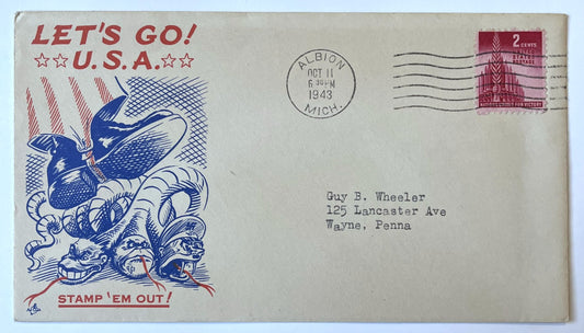 1943 Let's Go USA, Stamp 'Em Out! Artcraft Cachet Cover - Uncle Sam vs. Rattlesnake Cachet - WW2 Artcraft Cachet Patriotic Postal Cover
