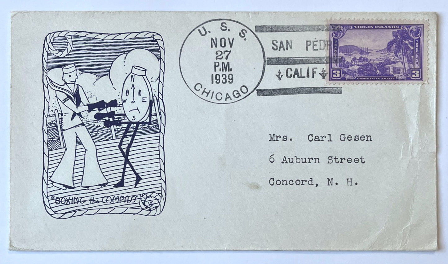 1939 Boxing the Compass Cartoon Cachet Postal Cover - Sent Aboard U.S.S. Chicago - WW2 US Submarine Boxing Compass Cartoon Naval Cover