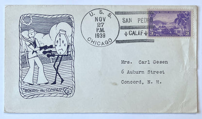 1939 Boxing the Compass Cartoon Cachet Postal Cover - Sent Aboard U.S.S. Chicago - WW2 US Submarine Boxing Compass Cartoon Naval Cover