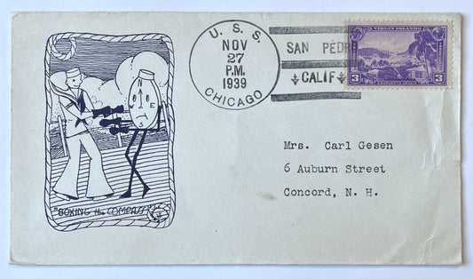1939 Boxing the Compass Cartoon Cachet Postal Cover - Sent Aboard U.S.S. Chicago - WW2 US Submarine Boxing Compass Cartoon Naval Cover