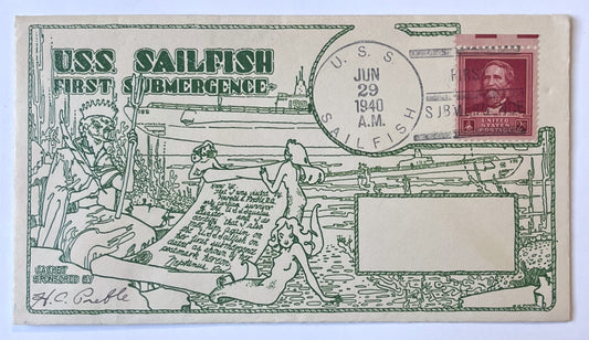 1940 U.S.S. Sailfish First Submergence Naval Cover - Rare Full Envelope Cachet - World War 2 US Submarine Sailfish Submergence Cover