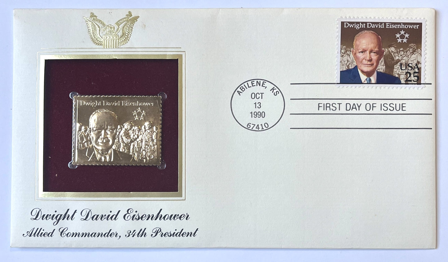 1990 Dwight D. Eisenhower Commemorative Gold Foil Stamp First Day Cover - Presidential FDC - 1990 President First Day of Issue Stamp Cover