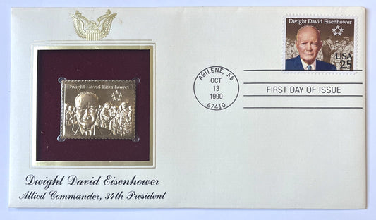 1990 Dwight D. Eisenhower Commemorative Gold Foil Stamp First Day Cover - Presidential FDC - 1990 President First Day of Issue Stamp Cover