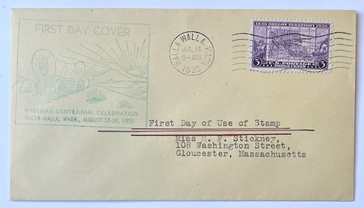 1936 Oregon Territory Centennial Stamp First Day Cover - Rarer Whitman Wagon Cachet, Yellow Envelope - 1936 Oregon Trail Sc#783 FDC