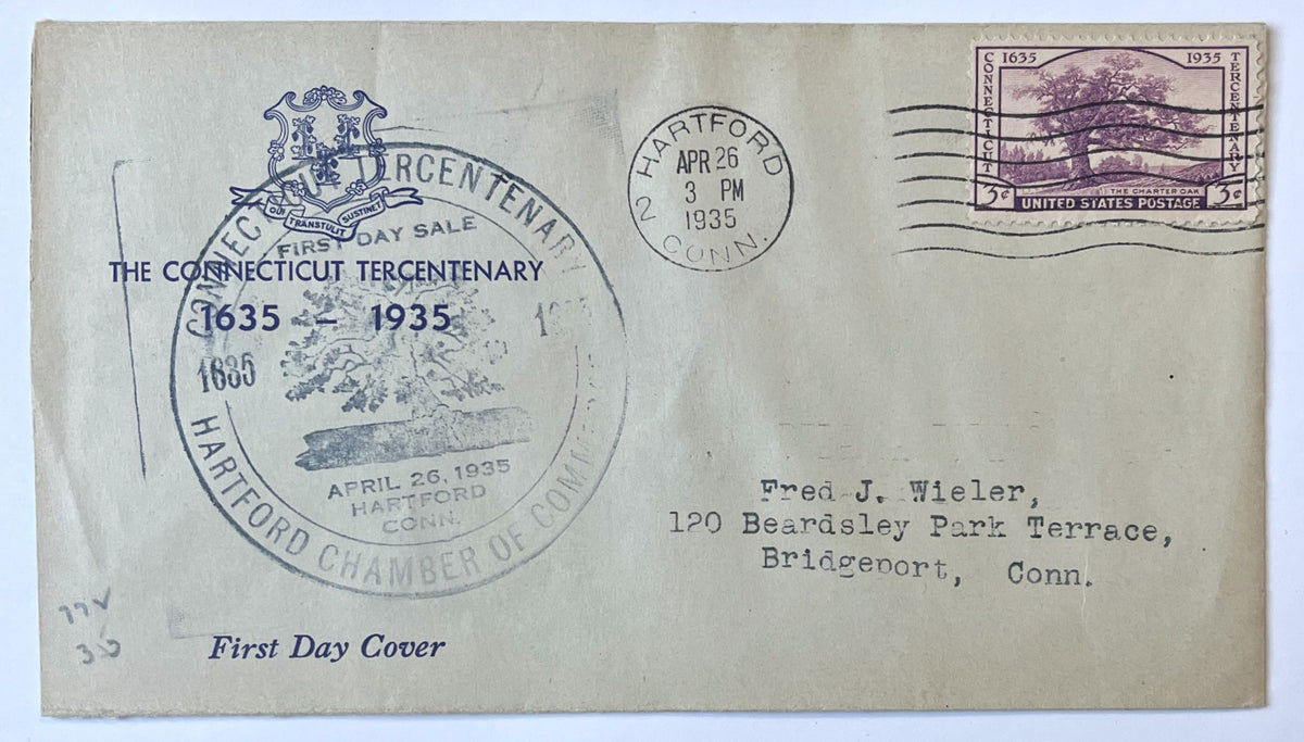 1935 Connecticut Tercentenary 1635-1935 Commemorative Stamp First Day Cover - Charter Oak Cachet - 1935 CT 300th Anniversary Sc#772 FDC