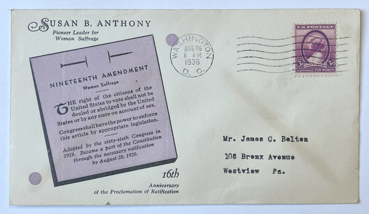 1936 Susan B. Anthony 19th Amendment Stamp First Day Cover - Rarer Cachet, Single Stamp - 1936 Women's Suffrage Sc#784 FDC