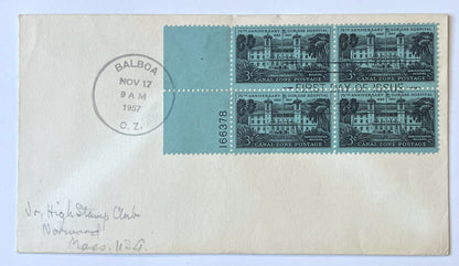 1957 Gorgas Hospital 75th Anniversary Canal Zone Stamp First Day Cover - No Cachet, Plate Block Issue - 1957 Panama Canal Stamp Sc#CZ148 FDC