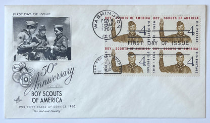 1960 Boy Scouts of America 50th Anniversary Stamp First Day Cover - ArtCraft Cachet, Stamp Block of 4 - 1960 Boy Scouts Sc#1145 FDC