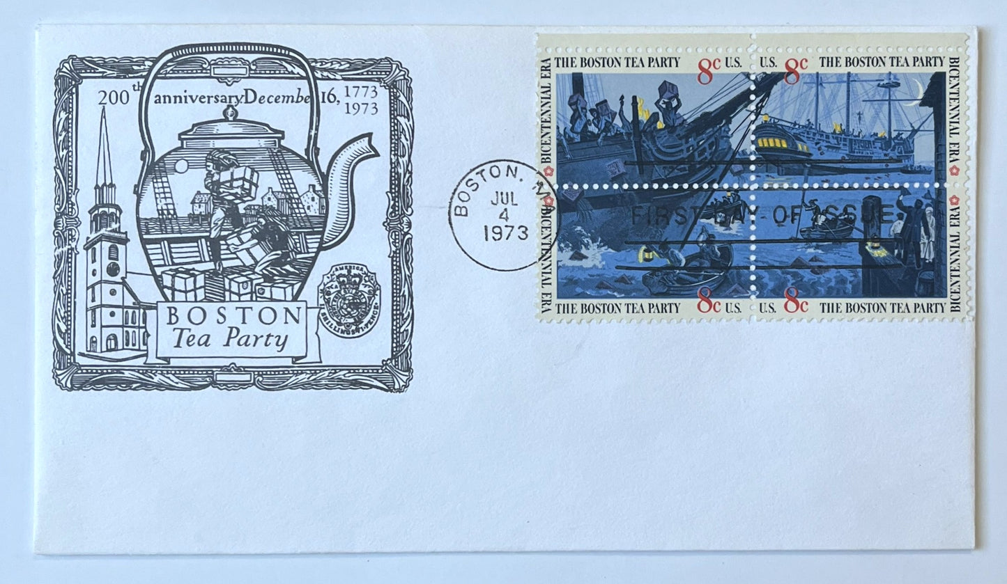 1973 Boston Tea Party Bicentennial Anniversary First Day Cover - Block of 4, Full Panorama -Rarer Teapot Cachet - 1973 Boston Tea Party FDC