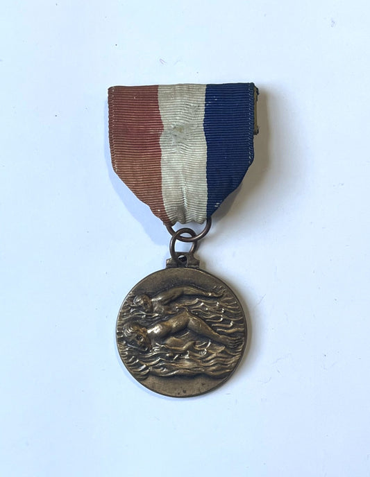 Vintage Bronze Swimming Medal Award Ribbon Pin - Red White and Blue Ribbon - Unmarked 1960s US Swimming Competition Bronze Medal