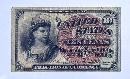 Fourth Issue US 10 Cents Fractional Currency Note - Small Seal Type - Very Fine (VF) - 1863 Fractional 4th Issue Ten Cent Note - Fr#1261