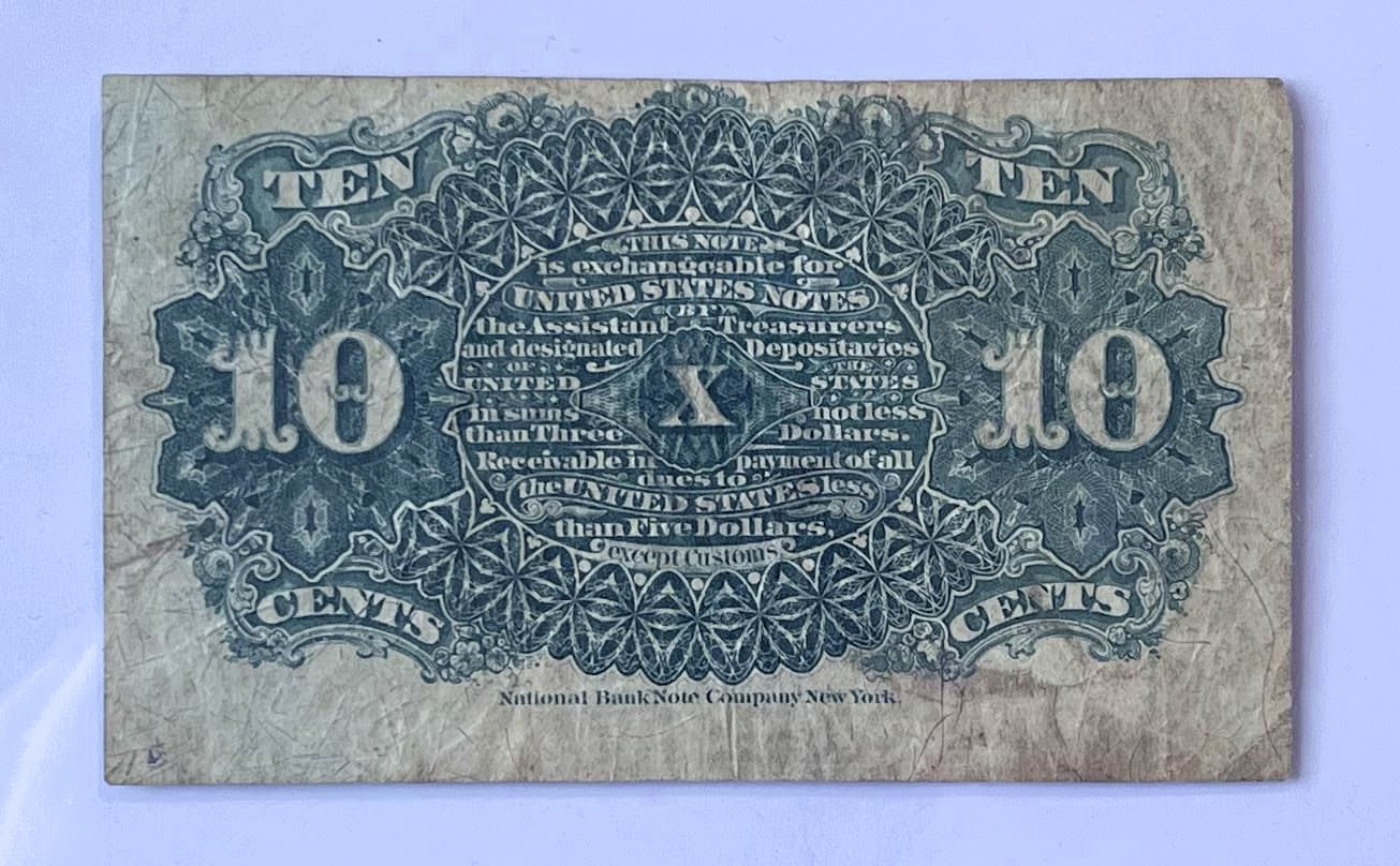 Fourth Issue US 10 Cents Fractional Currency Note - Small Seal Type - Very Fine (VF) - 1863 Fractional 4th Issue Ten Cent Note - Fr#1261