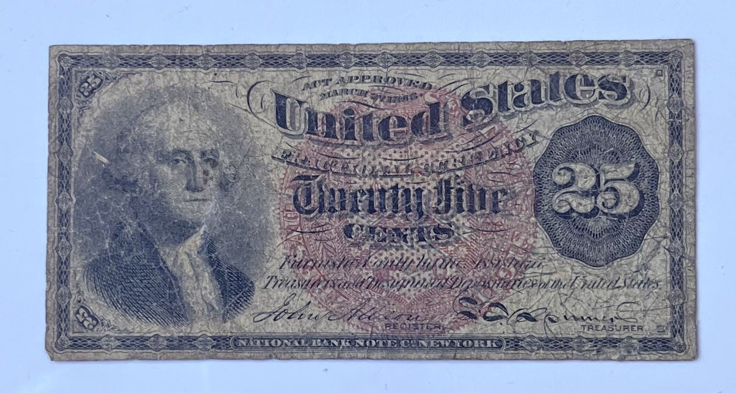 4th Issue 1874 25 Cent Fractional Note - 38mm Small Seal - Fine (F) - Rarer Fourth Issue Twenty Five Cents Fractional Note - Fr.1307