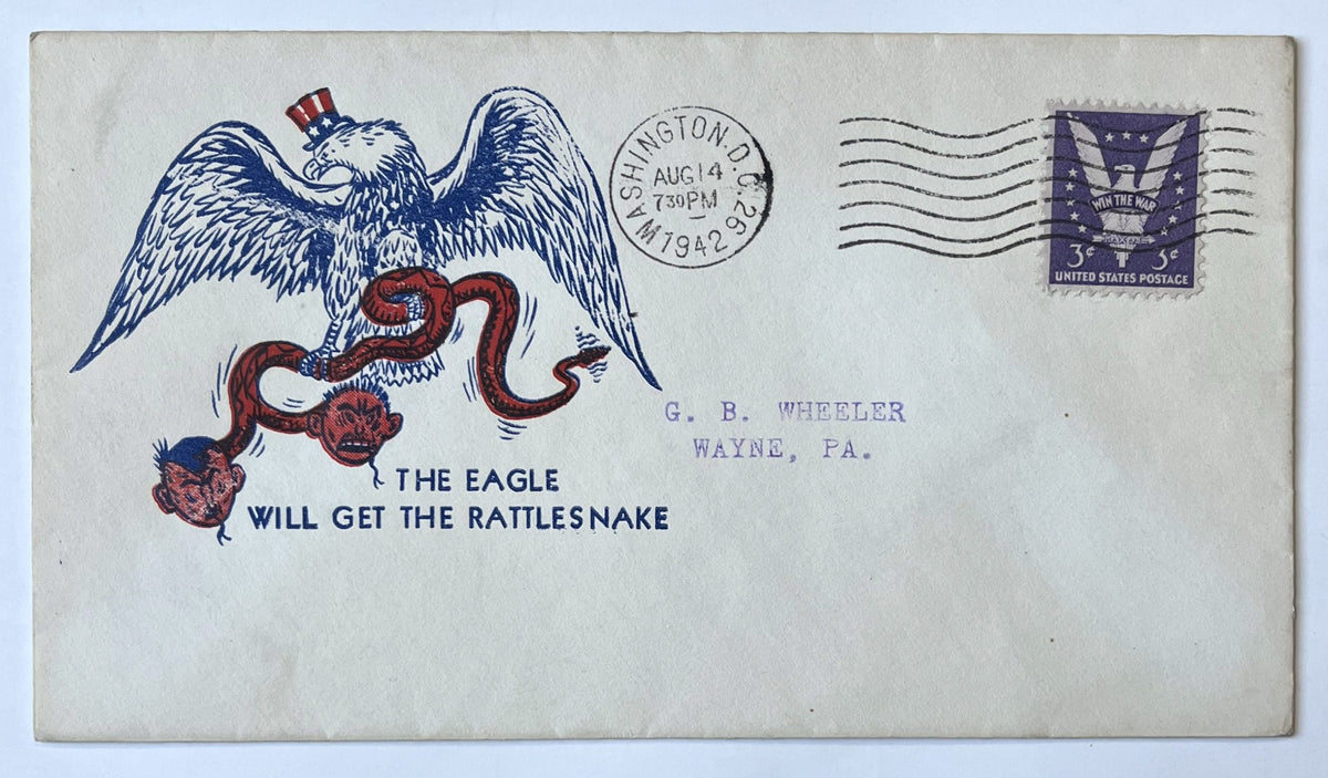 1942 Walter T. Poppenger "The Eagle Will Get The Rattlesnake" Political Cartoon Cachet Cover- WW2 Poppenger Cartoon Cachet Postal Cover