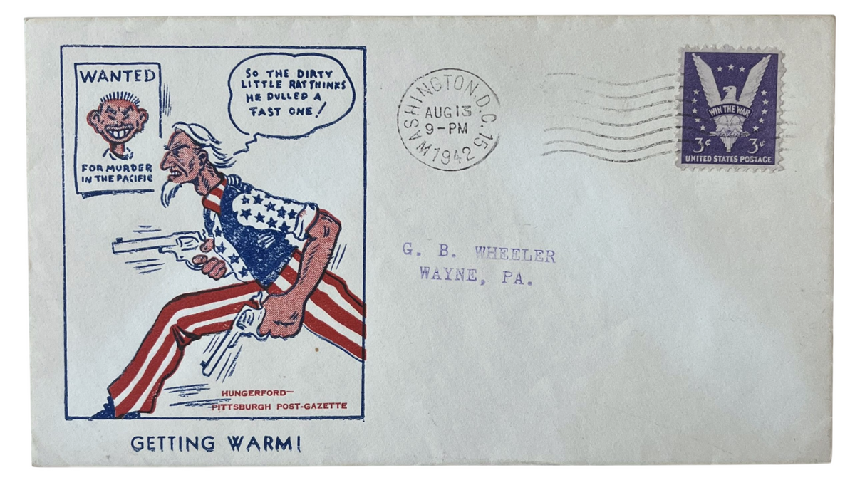 1942 Cy Hungerford "Getting Warm!" Political Cartoon Cachet Cover - Uncle Sam & Japan Cartoon - WW2 Cartoon Cachet Patriotic Postal Cover