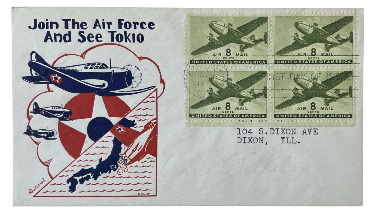 1944 "Join the Air Force and See Tokio" Fleetwood Knapp Cachet Air Mail First Day Cover - Rare WW2 Illustrated Knapp Air Force Cachet FDC