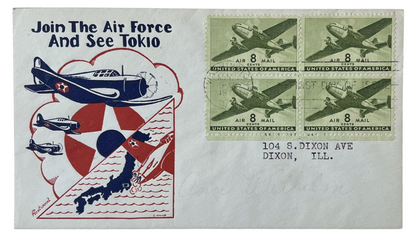 1944 "Join the Air Force and See Tokio" Fleetwood Knapp Cachet Air Mail First Day Cover - Rare WW2 Illustrated Knapp Air Force Cachet FDC