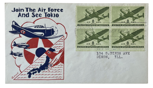 1944 "Join the Air Force and See Tokio" Fleetwood Knapp Cachet Air Mail First Day Cover - Rare WW2 Illustrated Knapp Air Force Cachet FDC