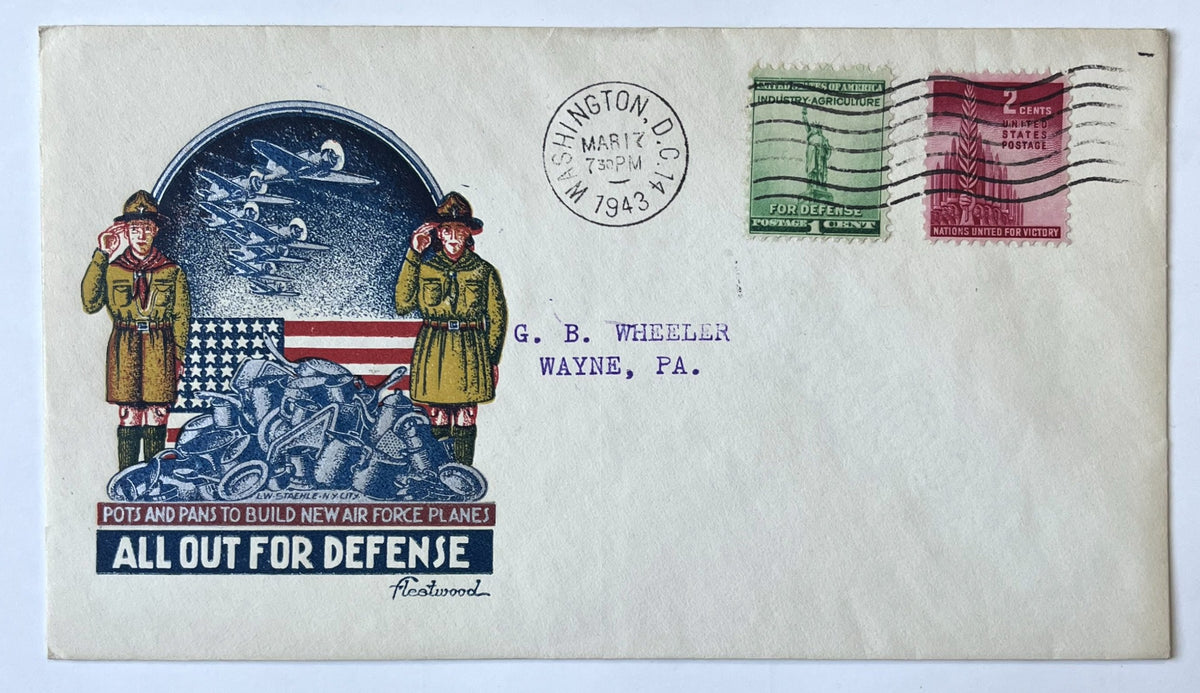1943 All Out For Defense Fleetwood Staehle Patriotic Cachet Cover - Boy Scouts Pots and Pans Cachet - WW2 Ludwig W. Staehle Patriotic Cover