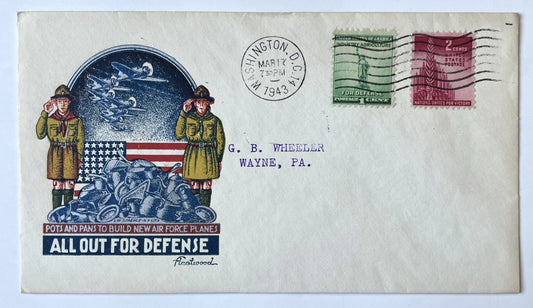 1943 All Out For Defense Fleetwood Staehle Patriotic Cachet Cover - Boy Scouts Pots and Pans Cachet - WW2 Ludwig W. Staehle Patriotic Cover