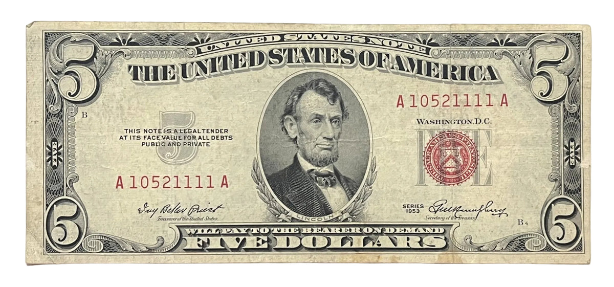 1953 Fancy Solid Repeater Serial Number 5 Dollar Note - 10521111- 1953 Red Seal Five Dollar Cool Serial Note - Fr.1532