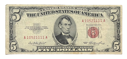 1953 Fancy Solid Repeater Serial Number 5 Dollar Note - 10521111- 1953 Red Seal Five Dollar Cool Serial Note - Fr.1532