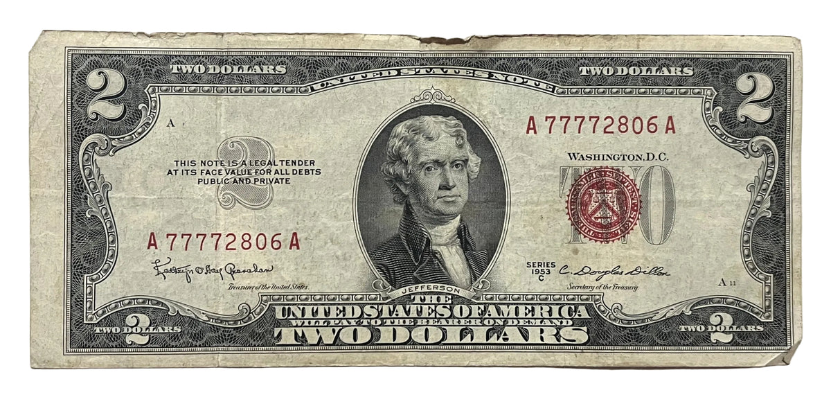 1953C Lucky 777 Solid Repeater Serial Number 2 Dollar Note - 77772806 - 1953-C Two Dollar Legal Tender Fancy Serial Note - Fr#1512