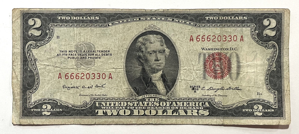 1953B Fancy Devil 666 Repeater Serial Number 2 Dollar Note - 66620330 - 1953-B Two Dollar Legal Tender Cool Serial Note - Fr#1511